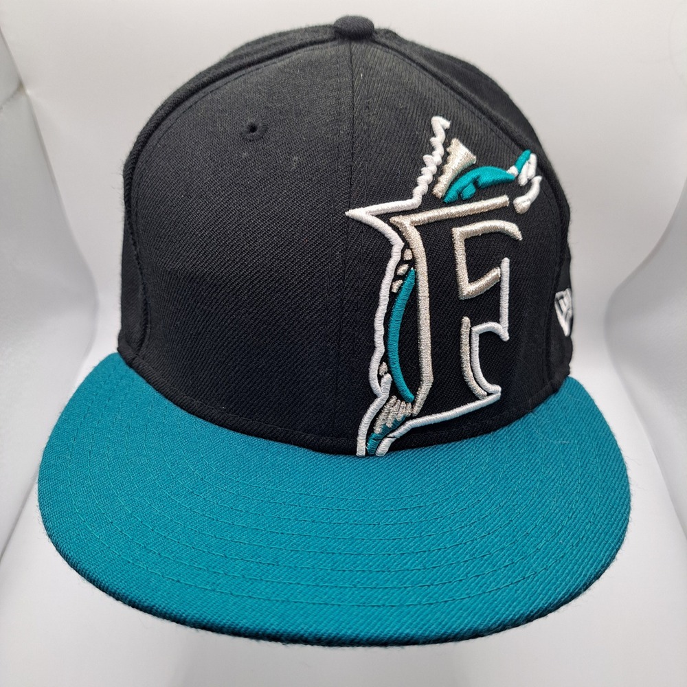 New Era Florida Marlins Hat Mens 7 5/8 Black Teal 59FIFTY Fitted Wool Cap